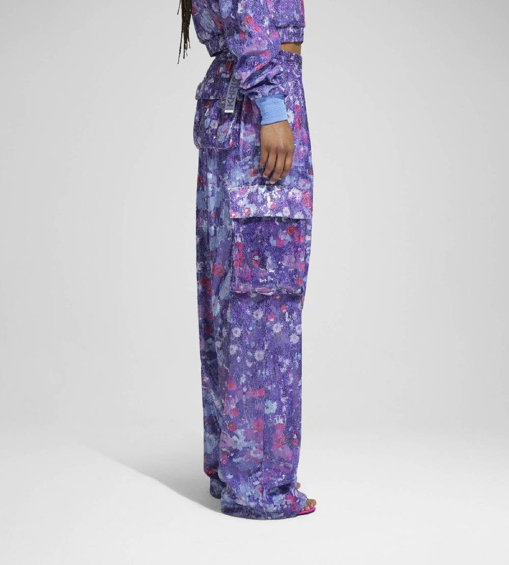 Khrisjoy PANTS MULTIPOCKET PAILLETTES FLOWERS UPSIDE DOWN GRAPE Outlet