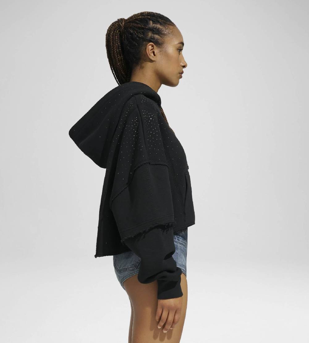 Khrisjoy HOODIE CROP DOUBLE POCKETS STRASS BLACK Saldi
