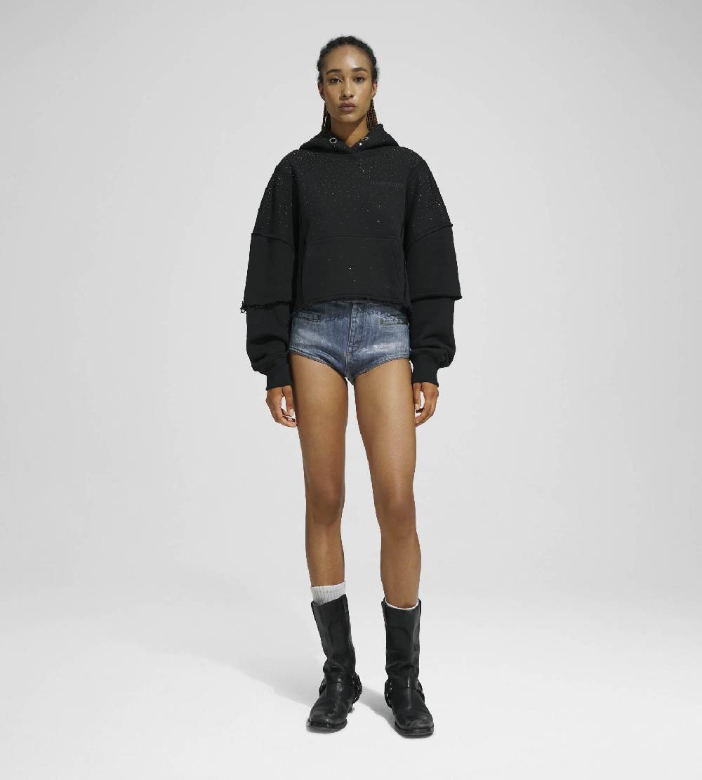 Khrisjoy HOODIE CROP DOUBLE POCKETS STRASS BLACK Saldi