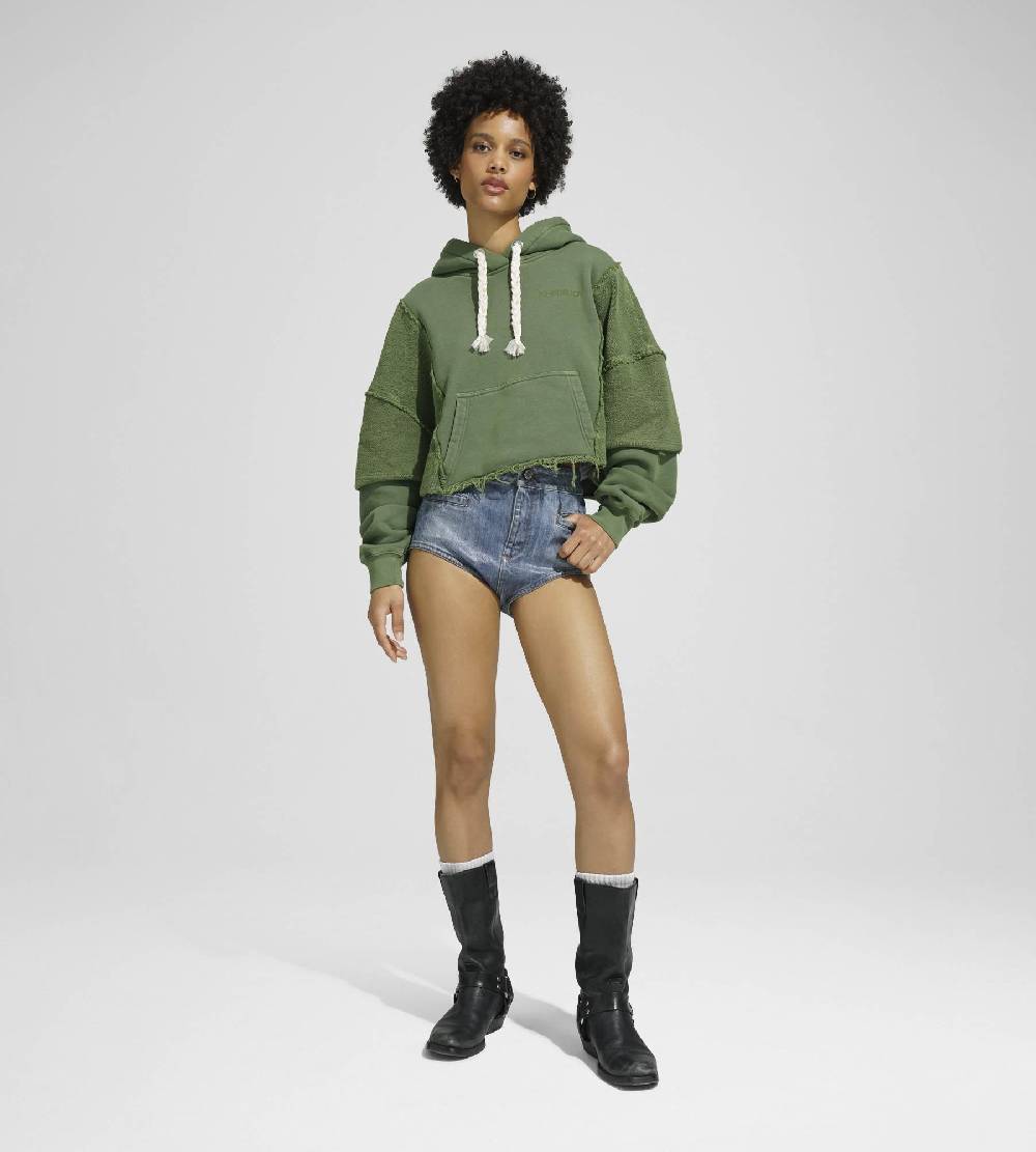 Khrisjoy HOODIE CROP DOUBLE POCKETS OLIVE GREEN Spedizione Gratuita