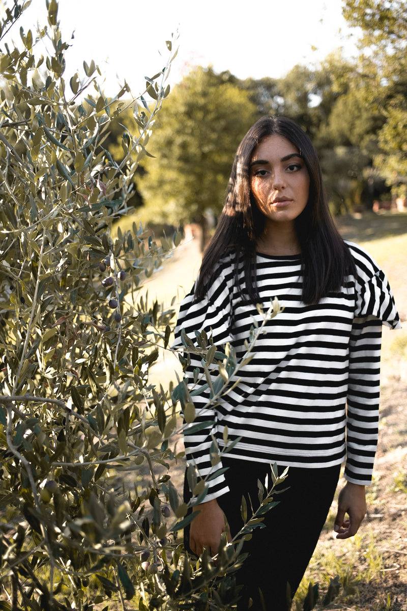 Olive E Miele T-SHIRT IDA RIGHE BIANCO-NERO Spedizione Gratuita