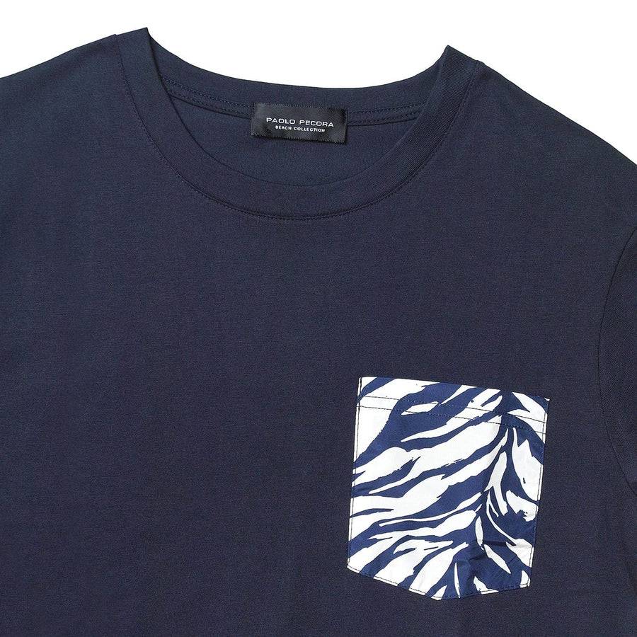 Paolo Pecora T-Shirt Blue Navy con Taschino Fantasia Foglia Novità