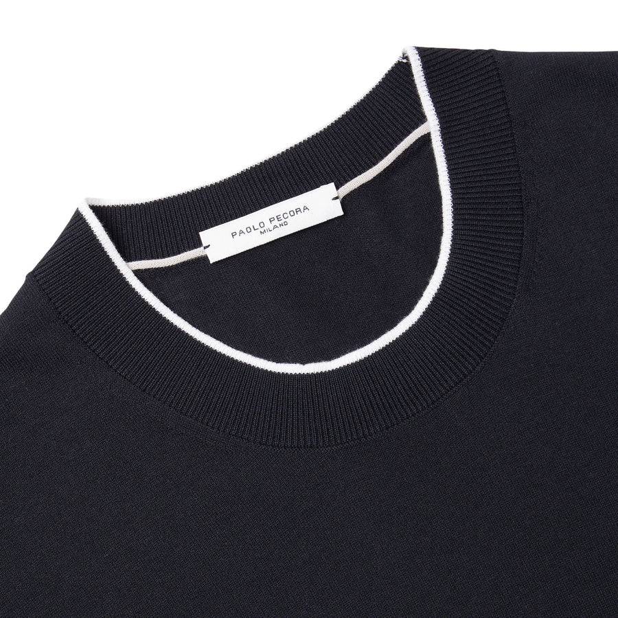 Paolo Pecora Maglia Girocollo in Cotone Extrafine - Nero con Dettagli Bianchi Smaltimento dello stoccaggio