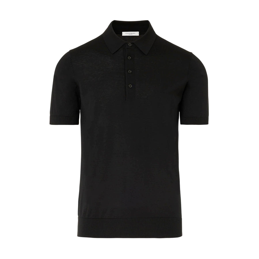 Paolo Pecora Polo in Maglia Nera di Seta Cotone Extrafine In Linea