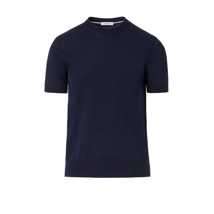 Paolo Pecora Maglia Girocollo in Puro Cotone Extrafine - Blu Navy Prezzo Ridotto