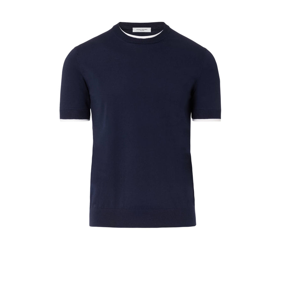 Paolo Pecora Maglia Girocollo in Puro Cotone Extrafine - Blu Navy con Dettagli Bianchi Sottocosto
