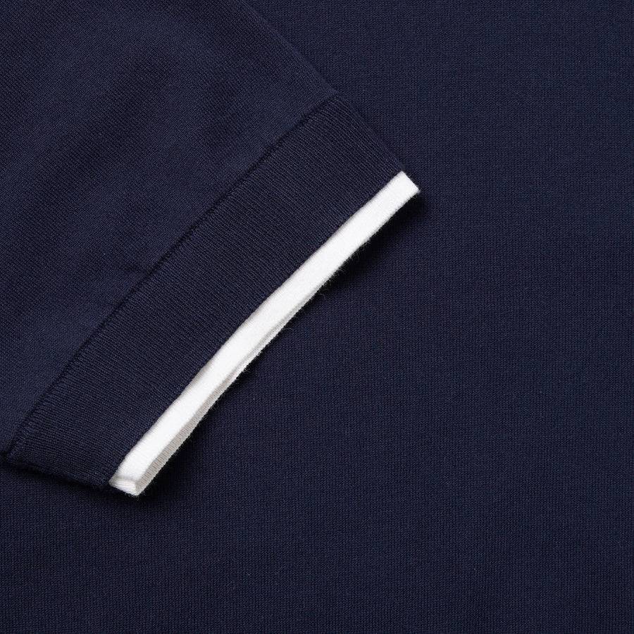 Paolo Pecora Maglia Girocollo in Puro Cotone Extrafine - Blu Navy con Dettagli Bianchi Sottocosto