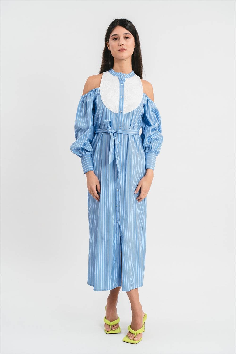 Pink Memories Abito chemisier a righe con plastron in pizzo