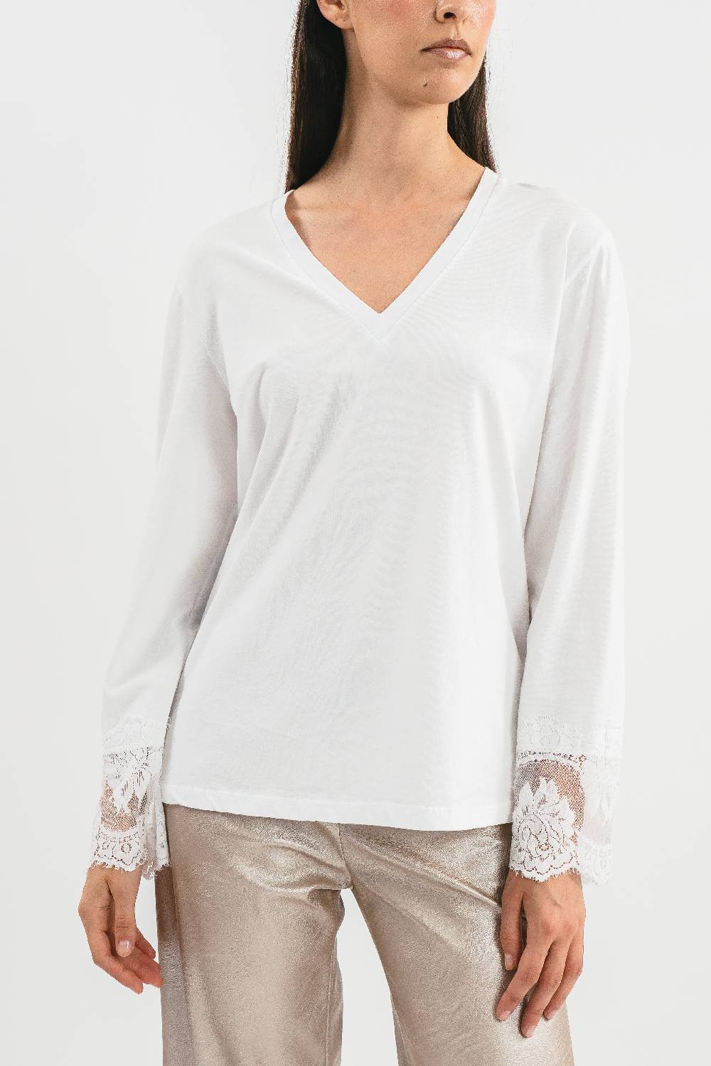 Pink Memories T-shirt scollo a V con pizzo Vendita Calda