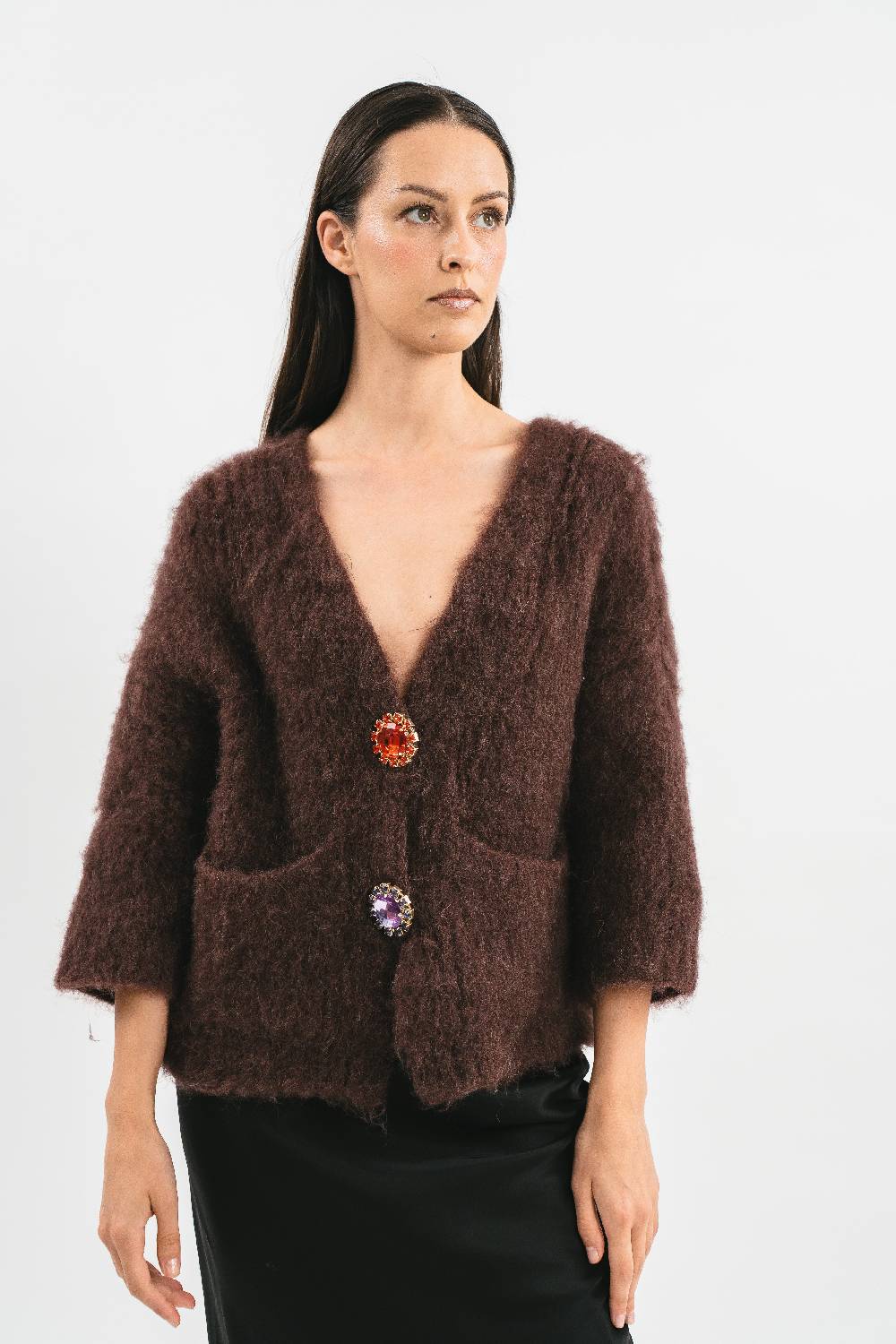 Pink Memories Cardigan over in alpaca con tasche e spille gioiello Moda