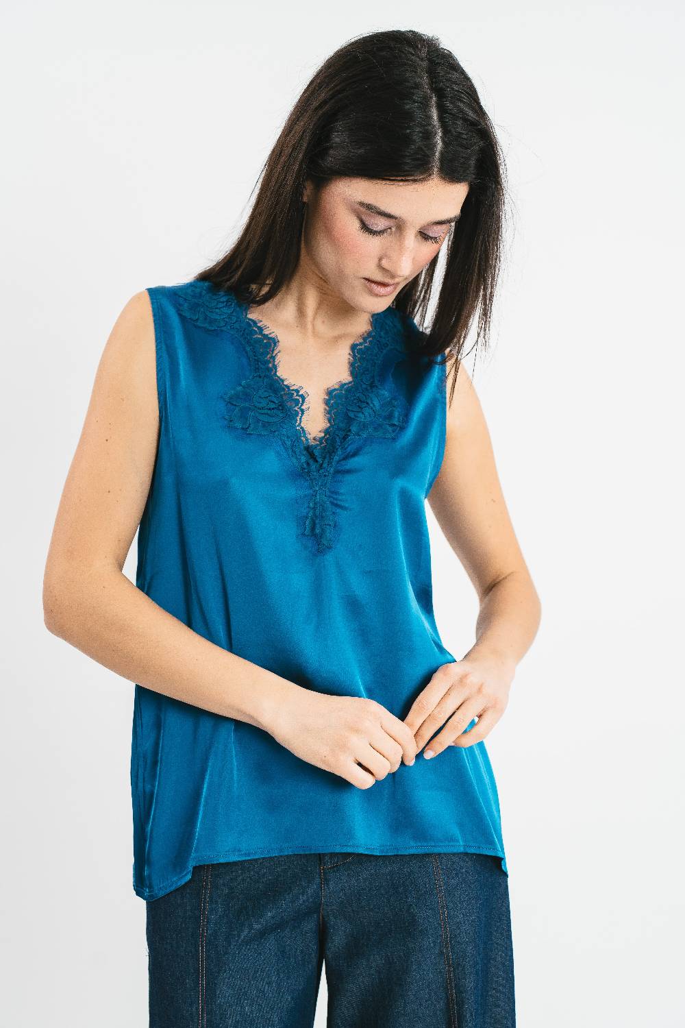 Pink Memories Top spalla larga con dettagli in pizzo Negozi Online