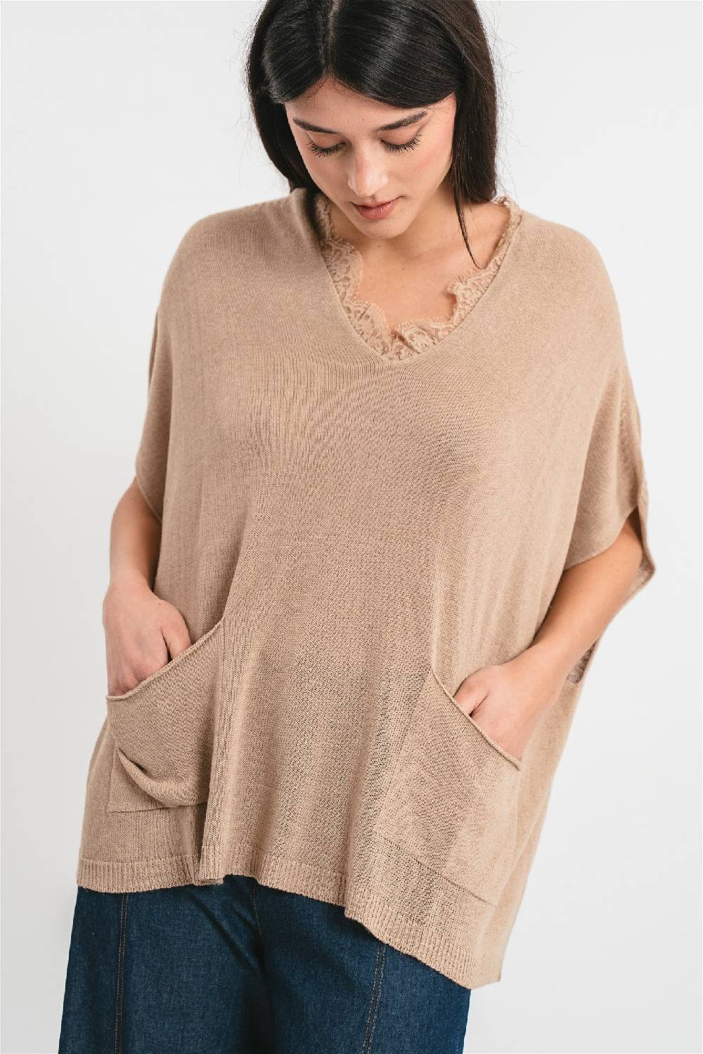 Pink Memories Maglia kimono con tasche e dettagli in pizzo Prezzo Ridotto