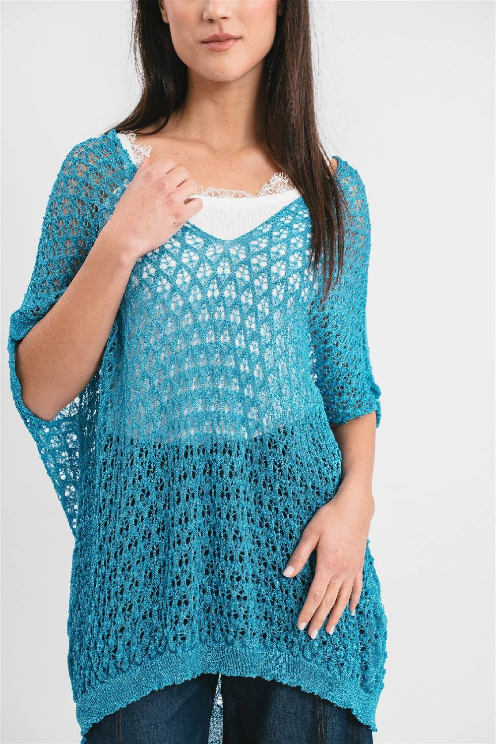 Pink Memories Maglia kimono traforata con filo lurex Sottocosto