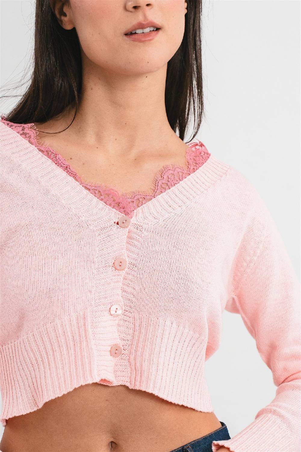 Pink Memories Cardigan crop con dettagli in pizzo Promozione Limitata