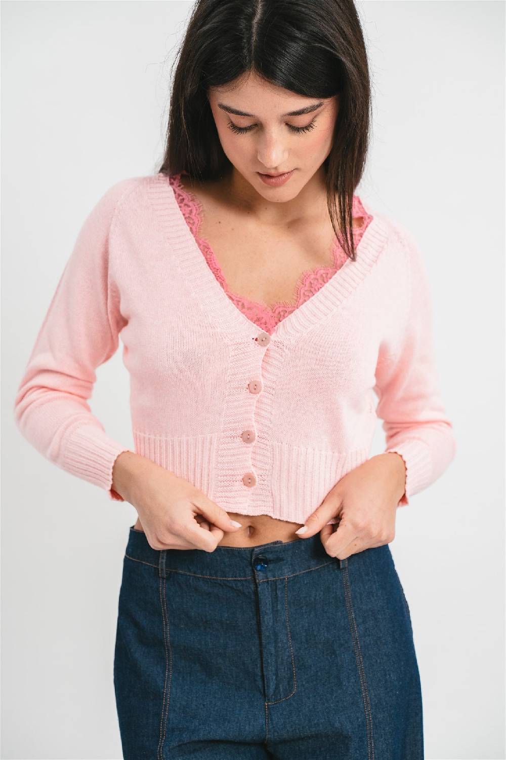 Pink Memories Cardigan crop con dettagli in pizzo Promozione Limitata