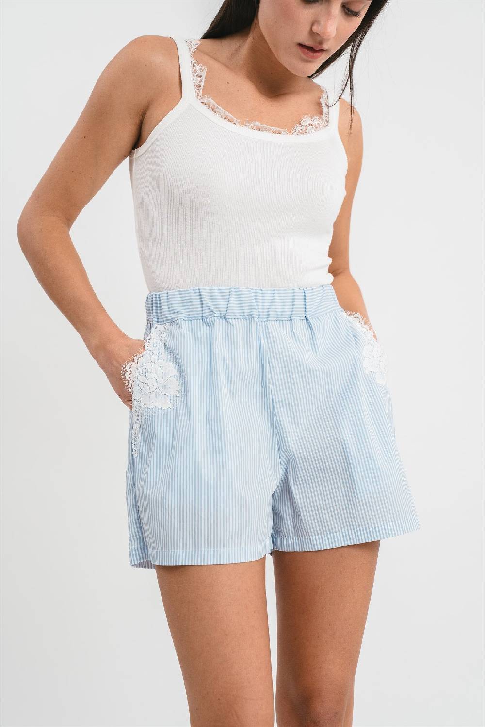 Pink Memories Bermuda a righe con dettagli in pizzo Shopping Online