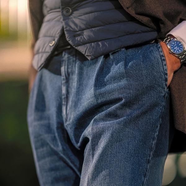 Rota Sport Winter Blue denim cotton sport trousers 2 Pleats Nuova
