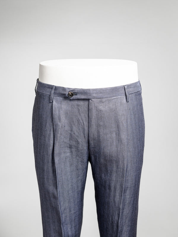 Rota Summer Medium blue herringbone pair of regular fit linen trousers Italia