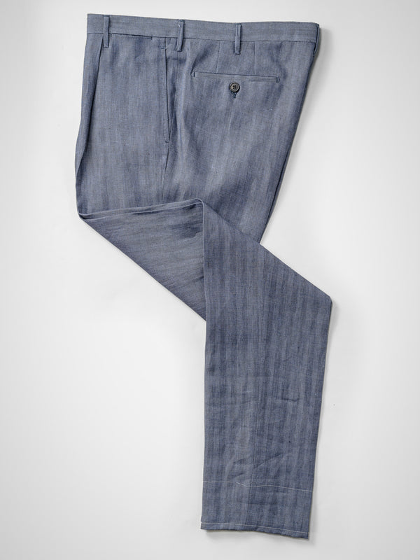 Rota Summer Medium blue herringbone pair of regular fit linen trousers Italia