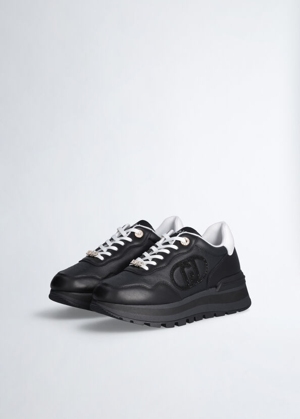 Liu Jo Sneakers nere in pelle con logo gioiello Outlet