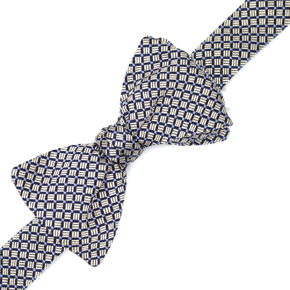 Ulturale Papillon blu con pattern geometrico crema e azzurro in 100% seta - Ulturale Soddisfazione Garantita