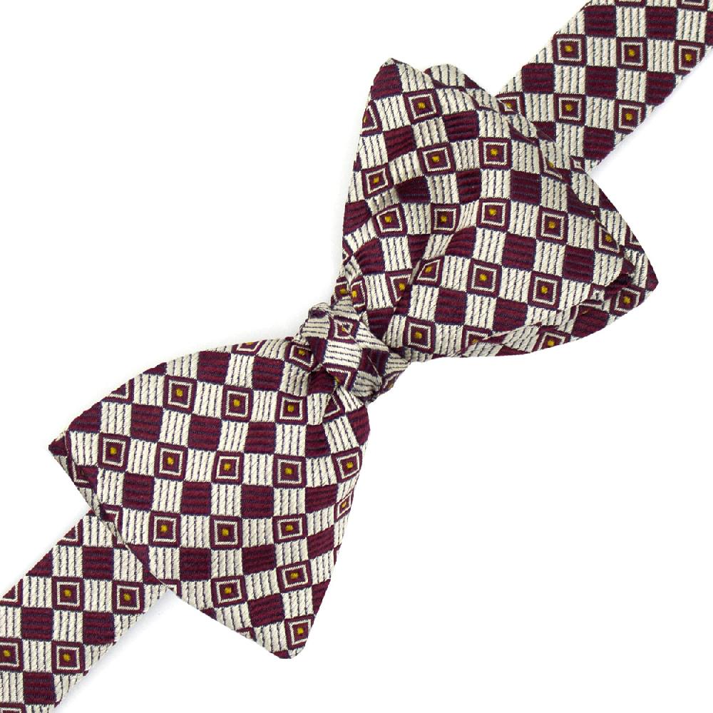 Ulturale Papillon con pattern geometrico bordeaux e crema in 100% seta - Ulturale Qualità Garantita
