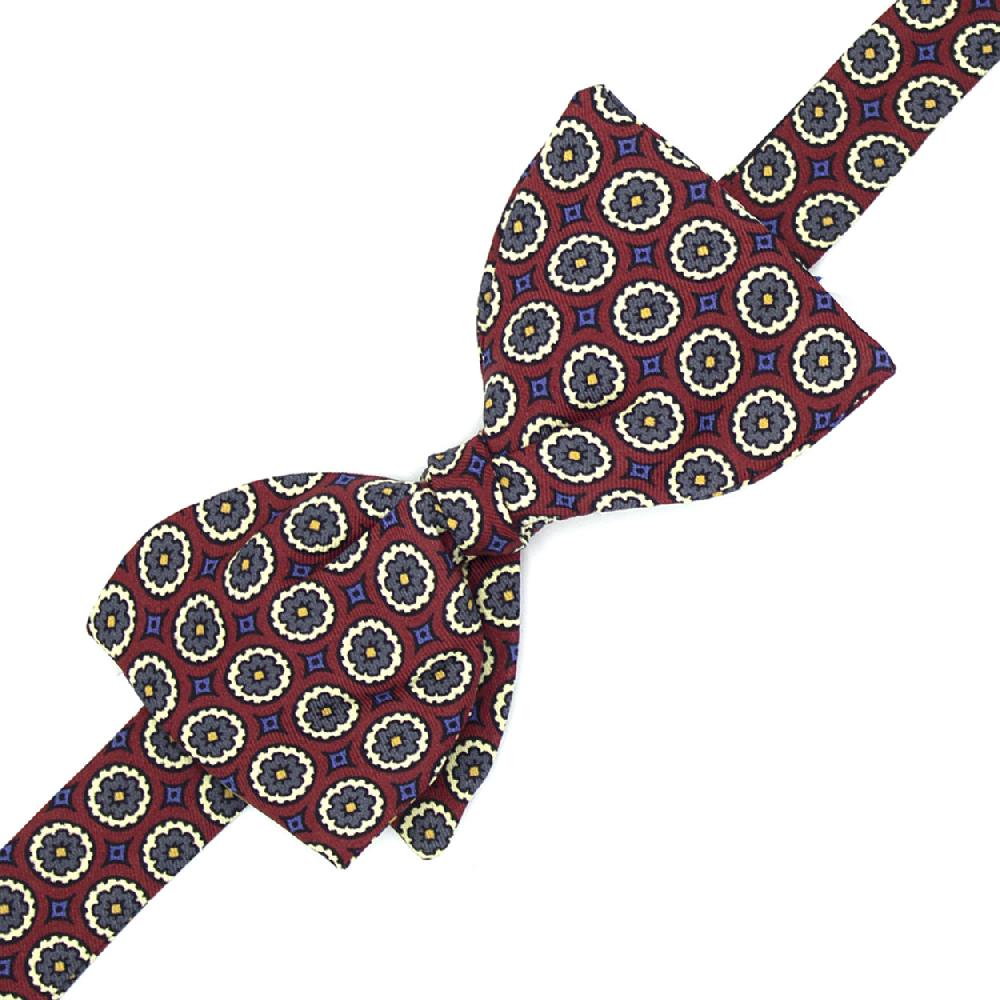 Ulturale Papillon bordeaux con fiori grigi puntini gialli e quadratini azzurri in 100% seta - Ulturale Shopping Online