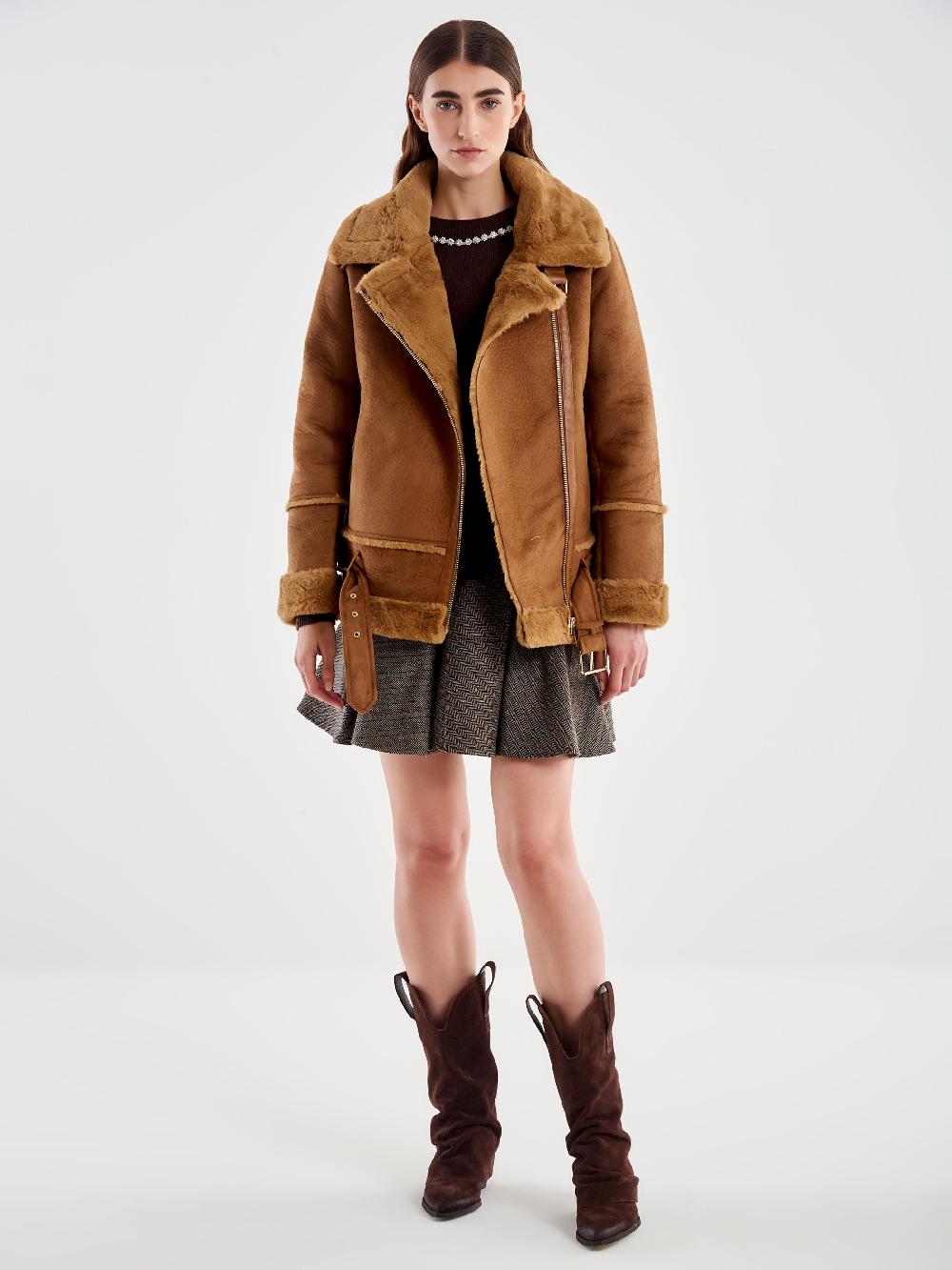 ﻿Vicolo Giubbotto Biker Oversized Scamosciato Cammello