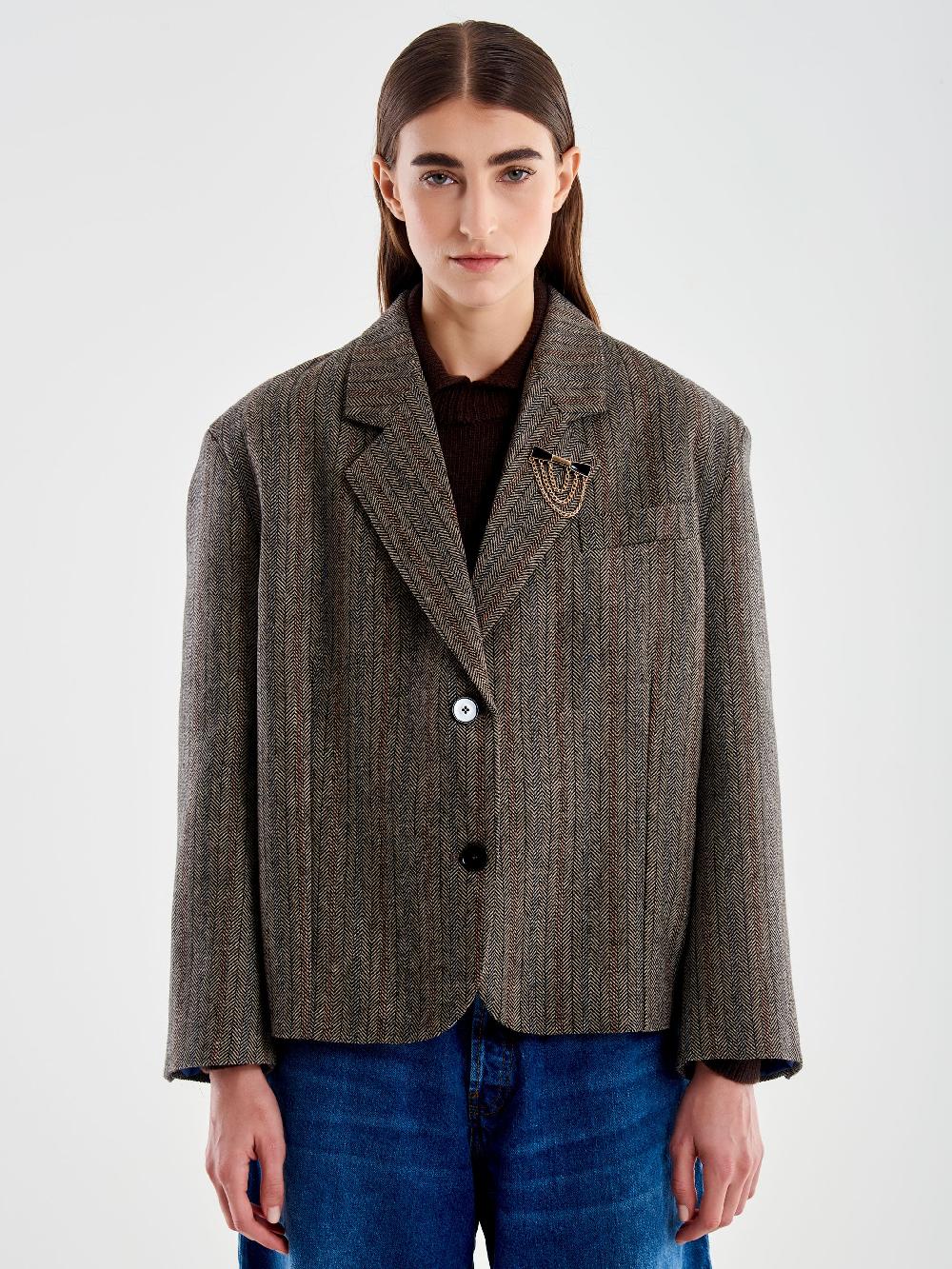Vicolo Giacca Oversized Cropped Spinato Marrone Presa