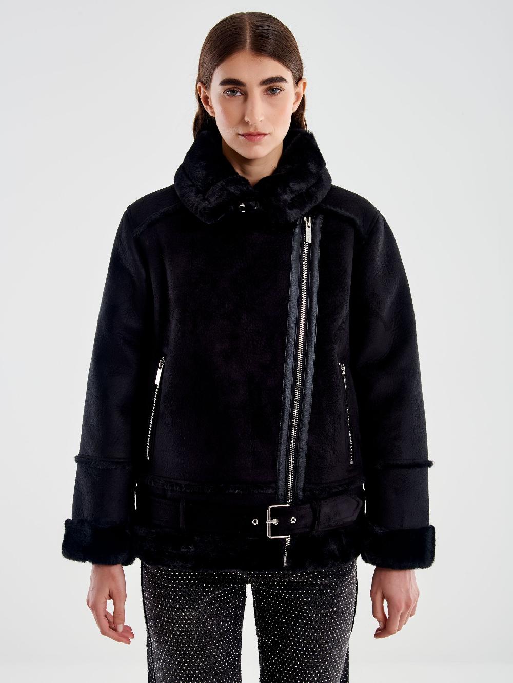 Vicolo Giubbotto Biker Oversized Scamosciato Nero Sconto