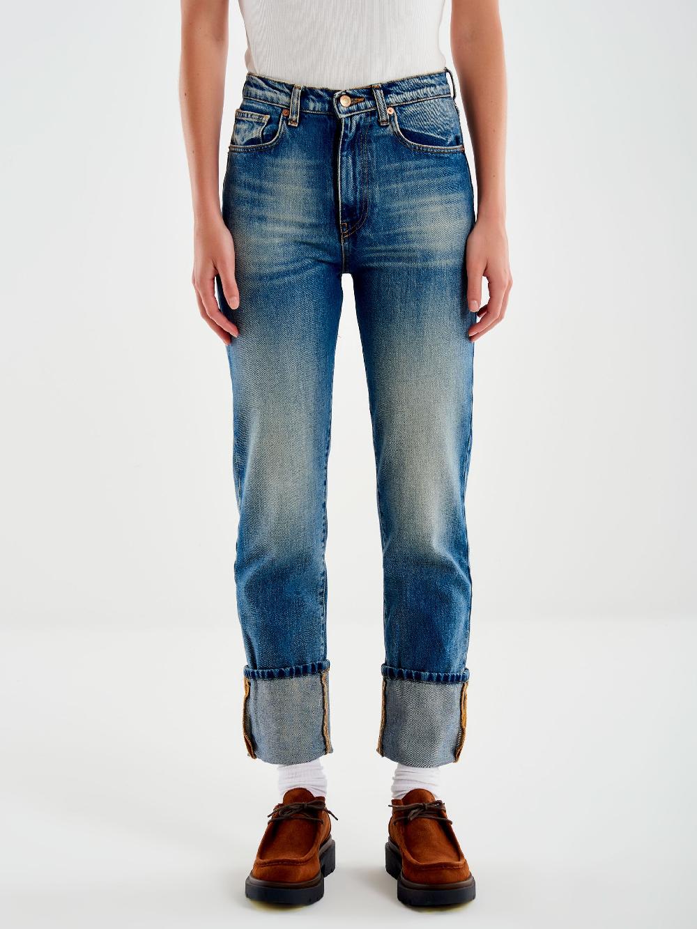 Vicolo Jeans Straight con Risvolto Blu Saldi