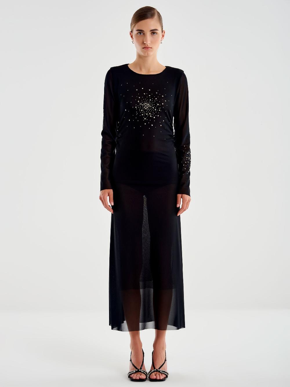 Vicolo Abito lungo in Tulle Trasparente con Strass Nero Italy