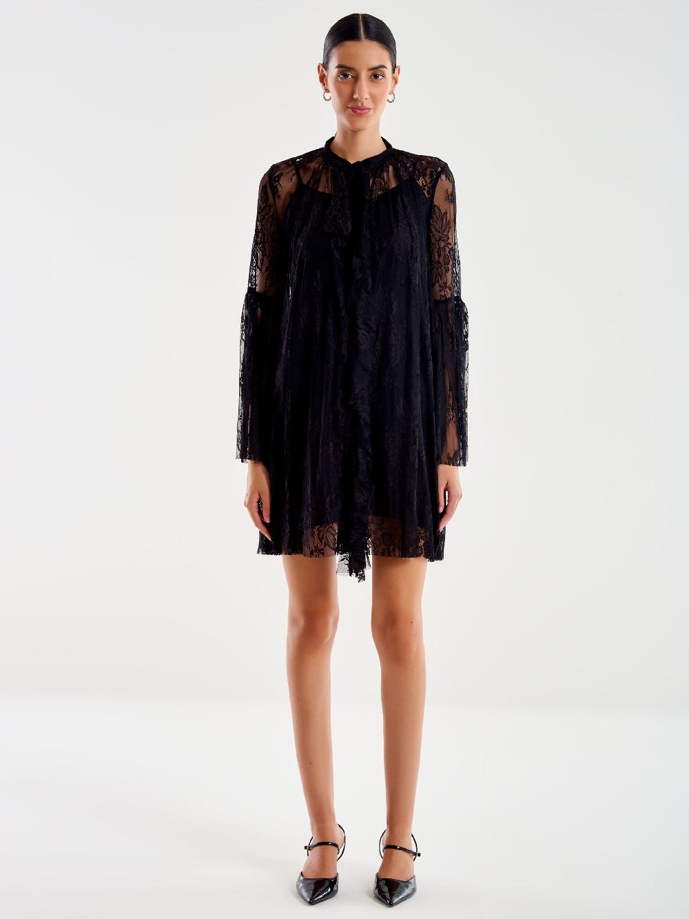 Vicolo Abito Corto in Pizzo con Jabot Nero Pezzi Unici