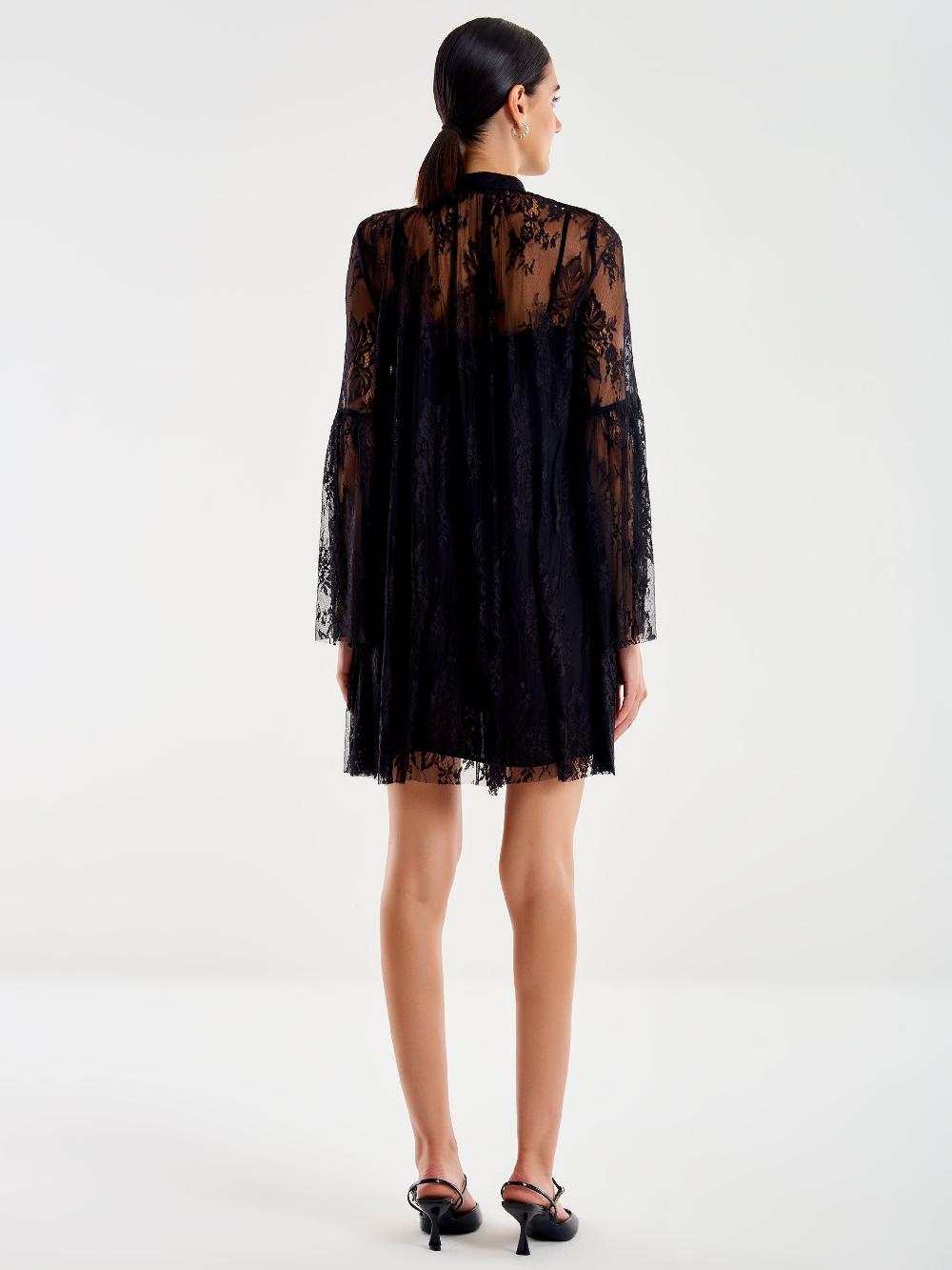 Vicolo Abito Corto in Pizzo con Jabot Nero Pezzi Unici