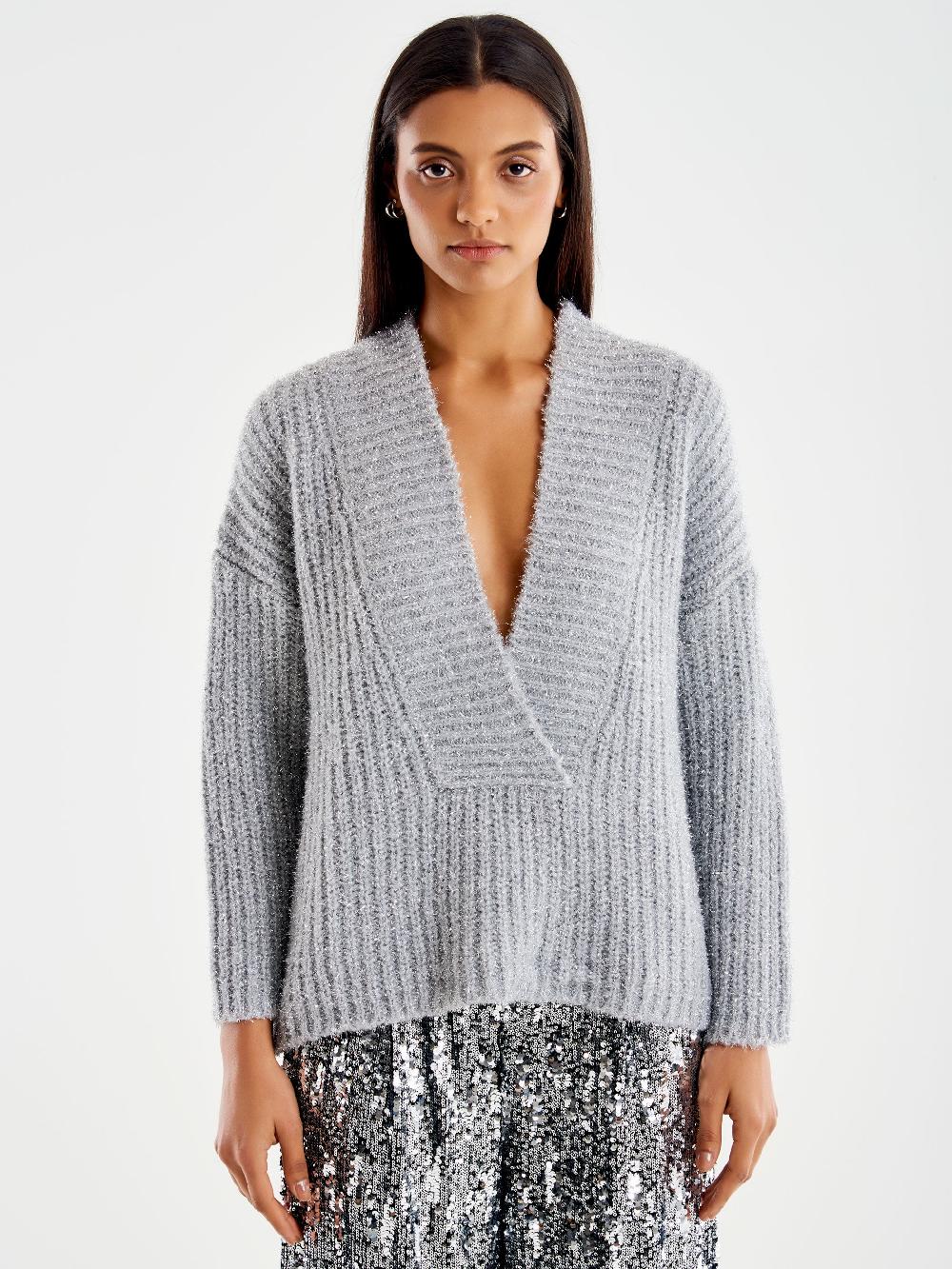 Vicolo Pull Scollo a V Profondo Lurex Grigio Consegna Veloce