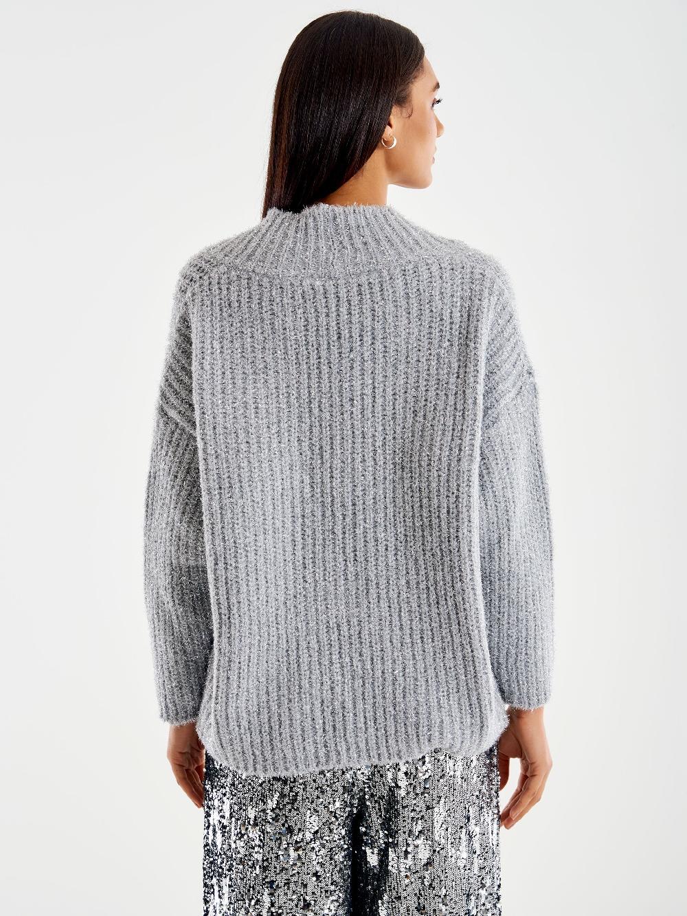 Vicolo Pull Scollo a V Profondo Lurex Grigio Consegna Veloce