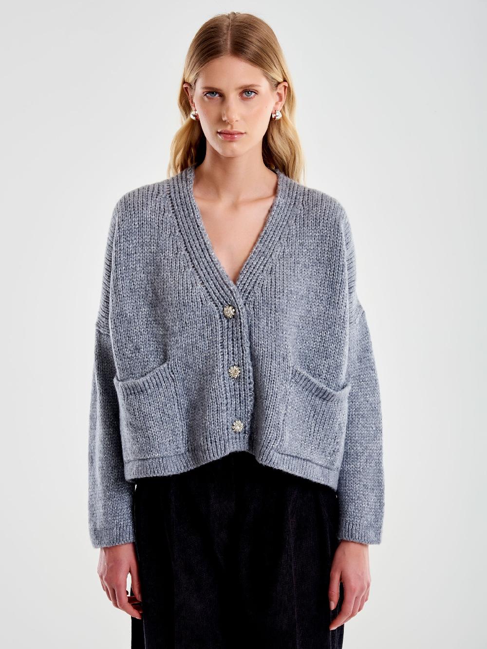 Vicolo Cardigan Bottoni Gioiello e Scollo a V Grigio Fino Al -60%