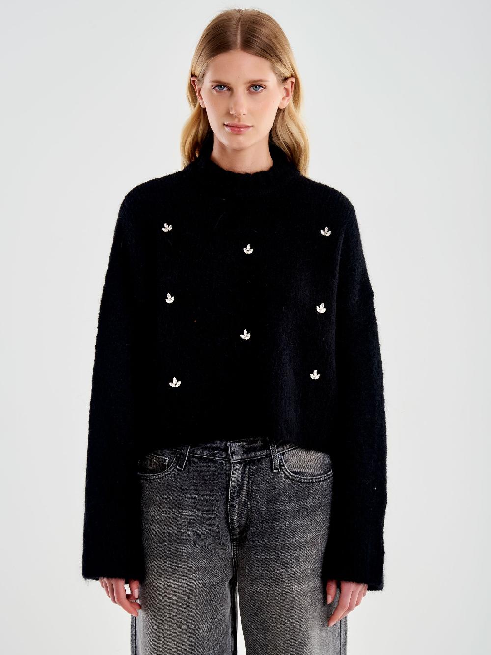 Vicolo Pull Girocollo con Cabochon Applicati Nero Shopping Online
