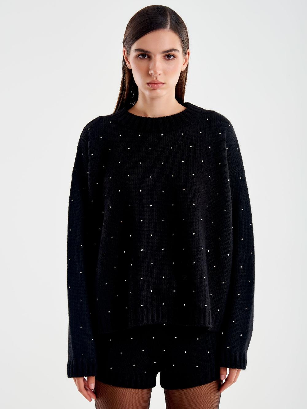 Vicolo Pullover Girocollo con Strass Nero Affare Del Giorno