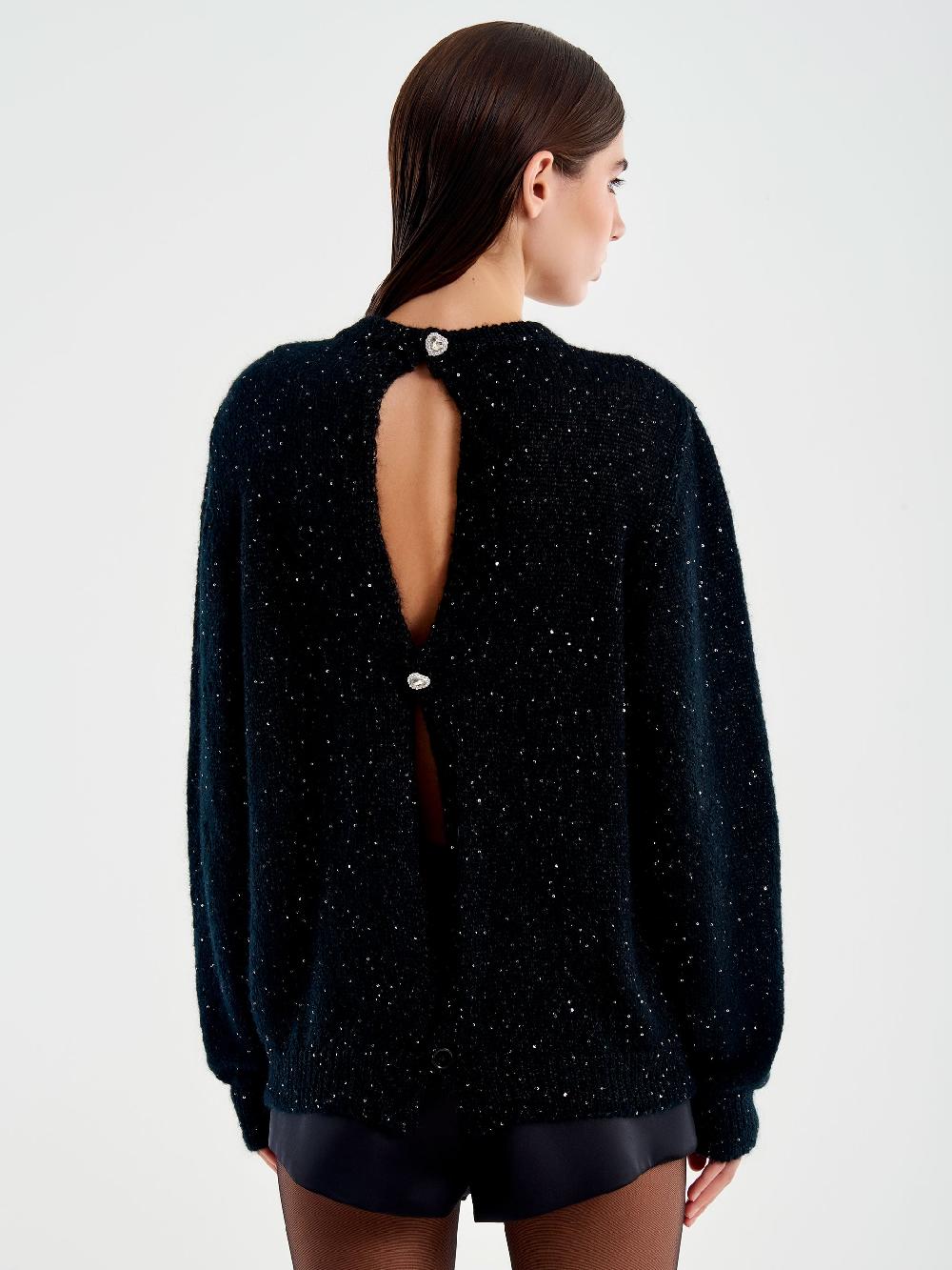 Vicolo Pull Girocollo con Bottoni Retro e Strass Nero Prezzo Ridotto