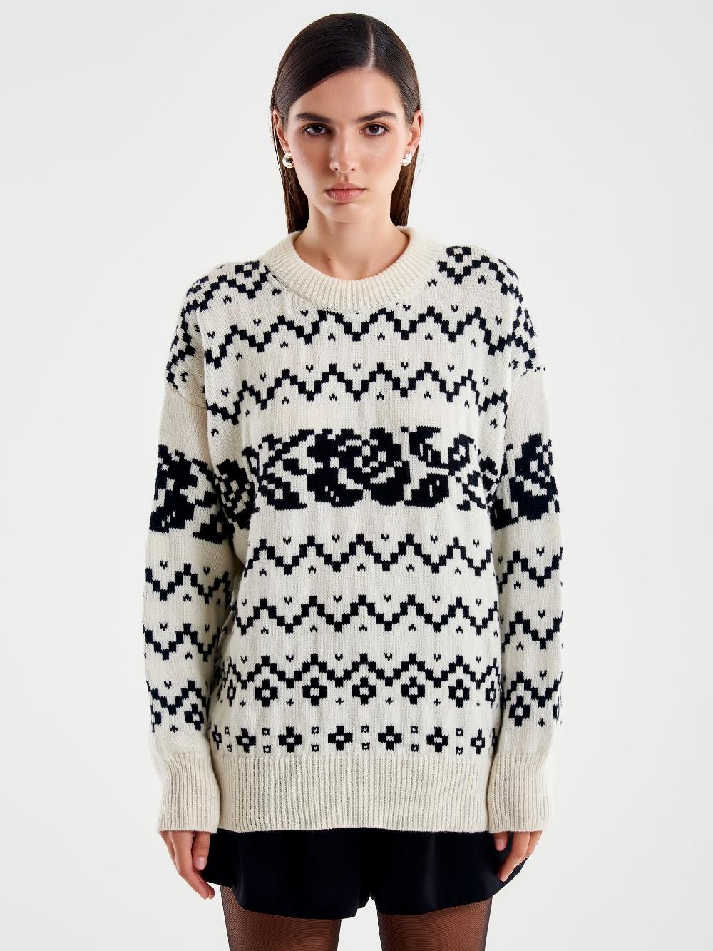 Vicolo Pull Jaquard Rose Stilizzate Bianco Convenienza