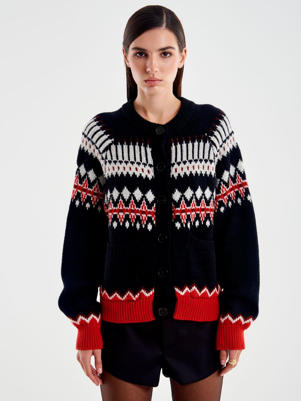 Vicolo Cardigan con Tasche Motivo Jaquard Nero Novità