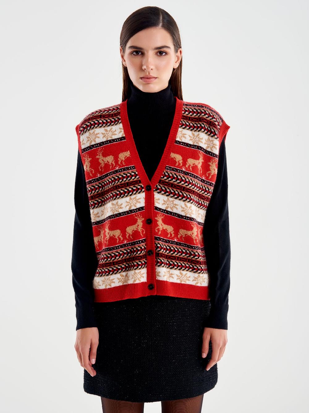 Vicolo Cardigan scollo a V Motivo Atzeco Rosso Offerta