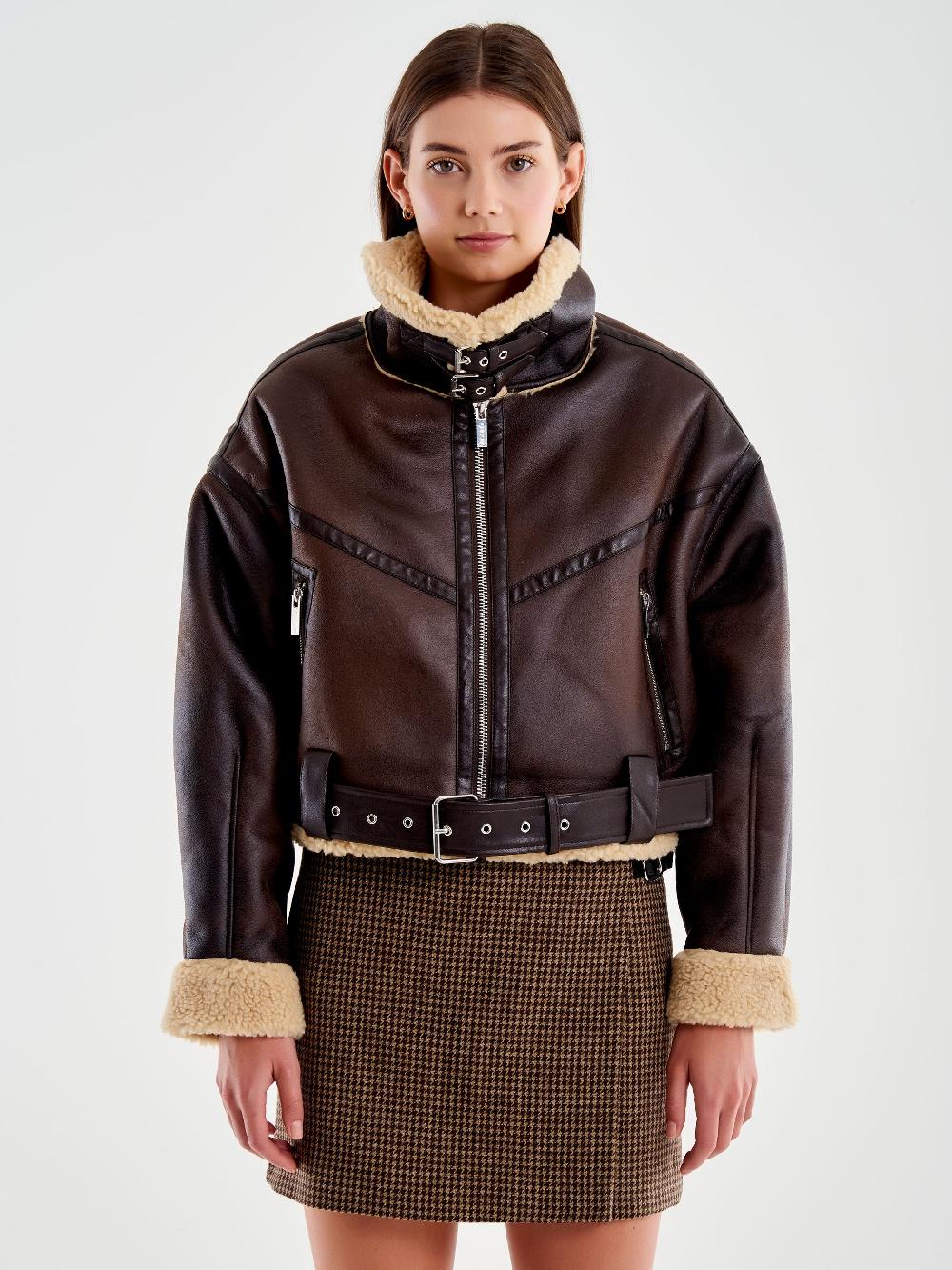 Vicolo Giubbotto Biker Cropped Effetto Scamosciato Marrone Saldi Di Fabbrica
