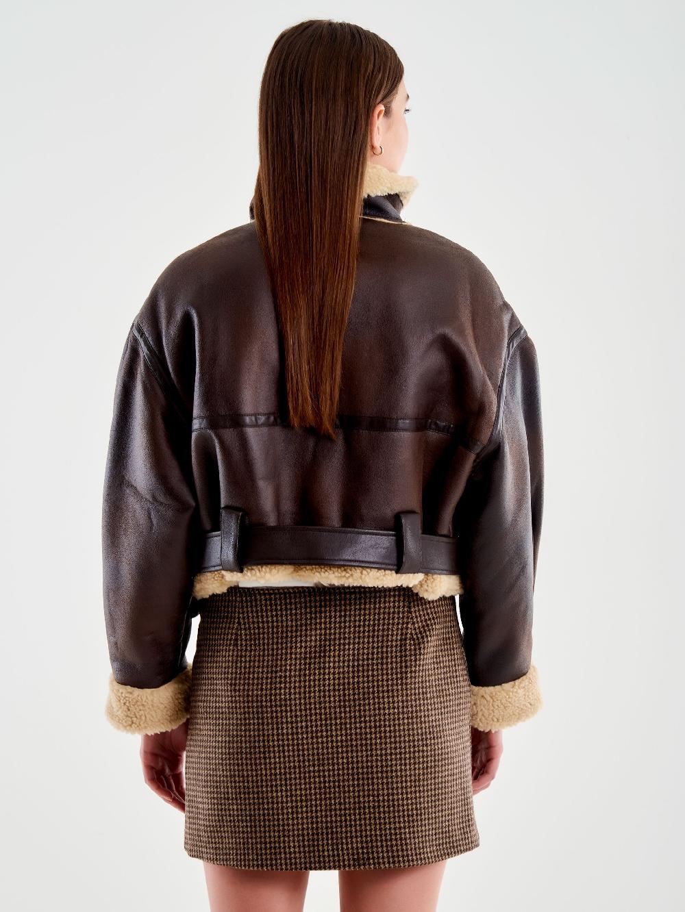 Vicolo Giubbotto Biker Cropped Effetto Scamosciato Marrone Saldi Di Fabbrica
