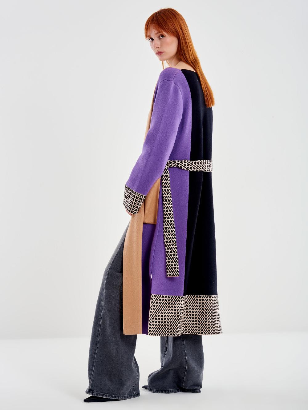 Vicolo Cappotto in Maglia Fantasia Color Block Nero Vendite Flash