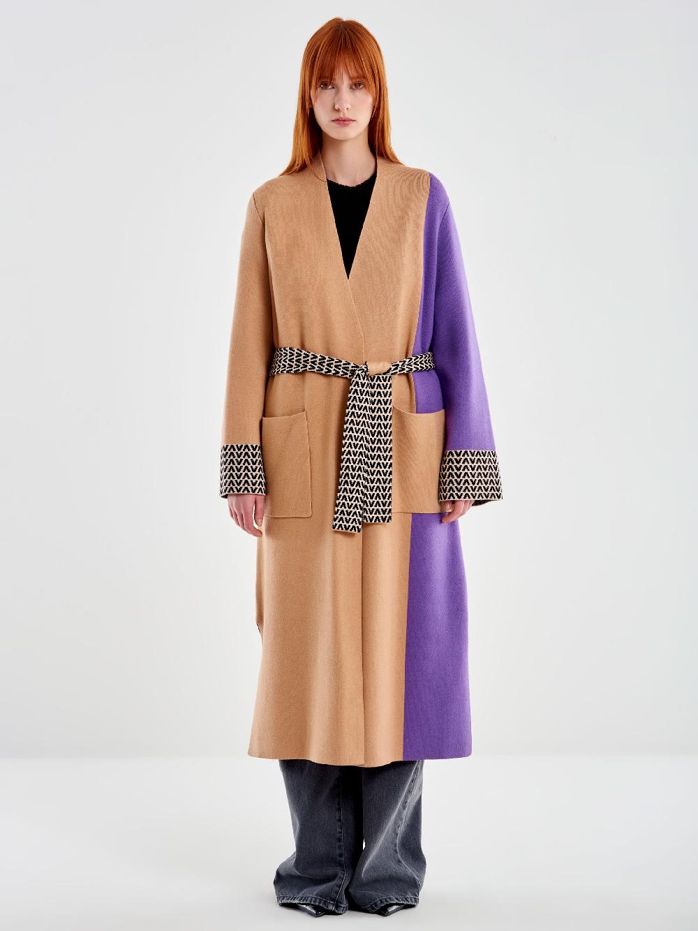 Vicolo Cappotto in Maglia Fantasia Color Block Nero Vendite Flash