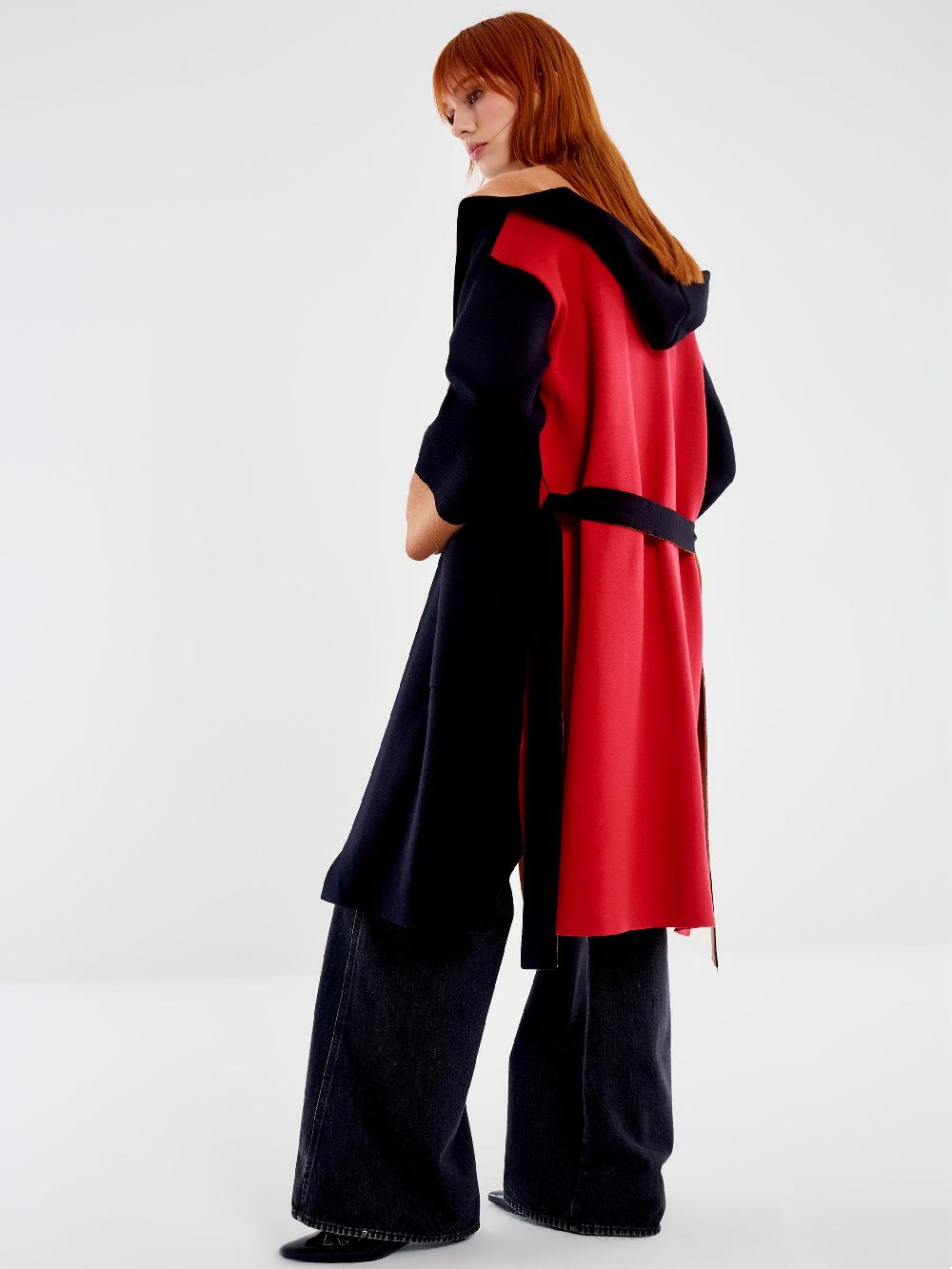 Vicolo Cappotto in Maglia Color Block con Cappuccio Nero Negozio