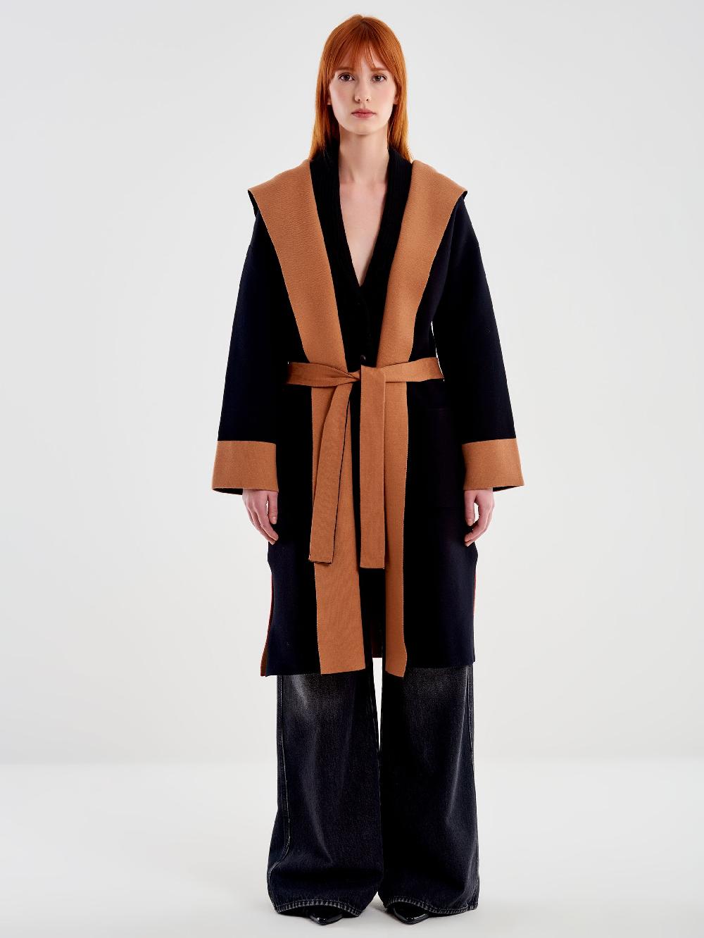 Vicolo Cappotto in Maglia Color Block con Cappuccio Nero Negozio