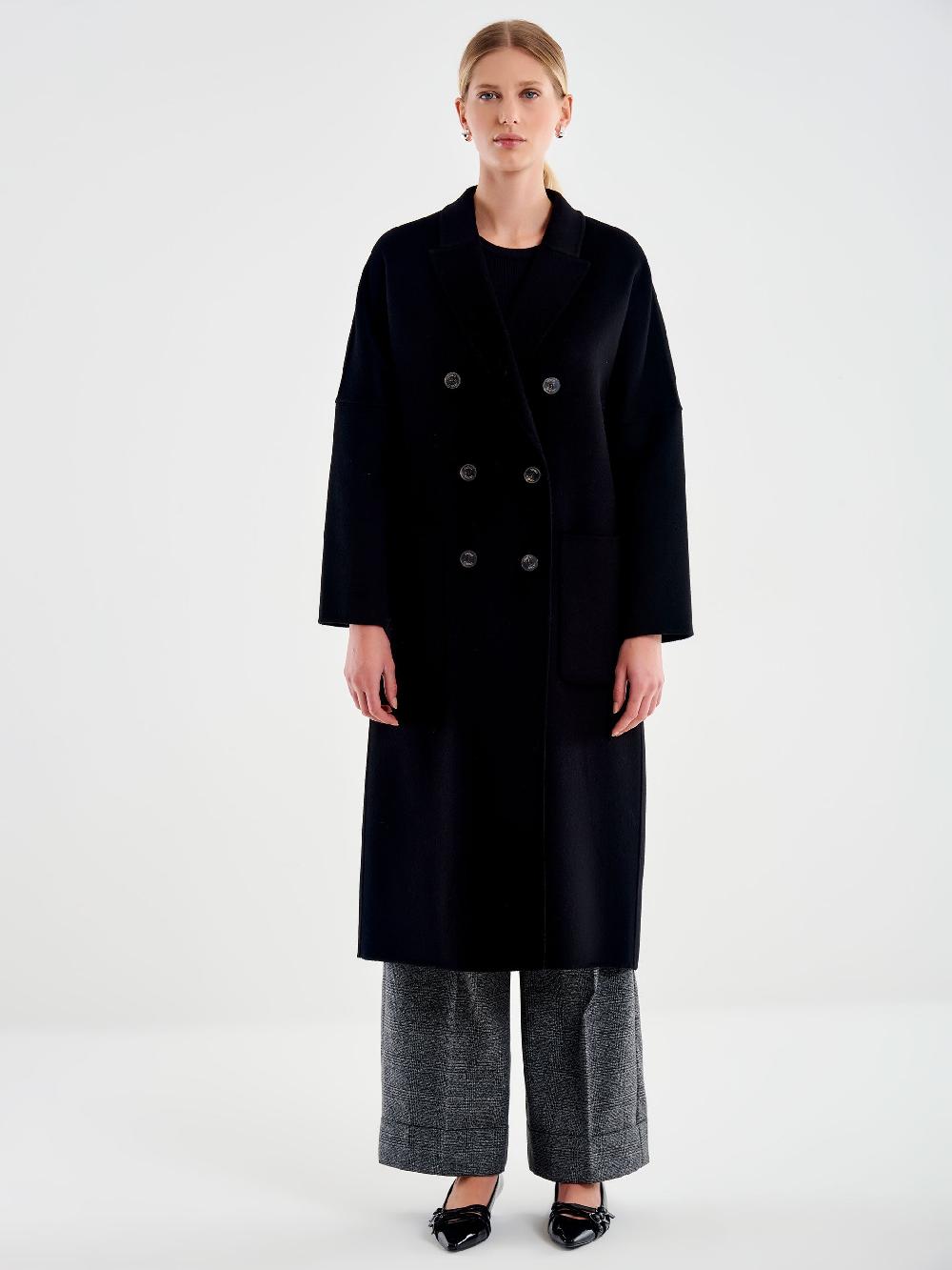Vicolo Cappotto Doppiopetto Basic Lungo Nero Nuovo